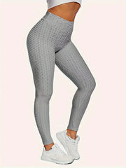 Simples Market bubble yoga leggings in grey, high-waist textured honeycomb pattern, slim fit.