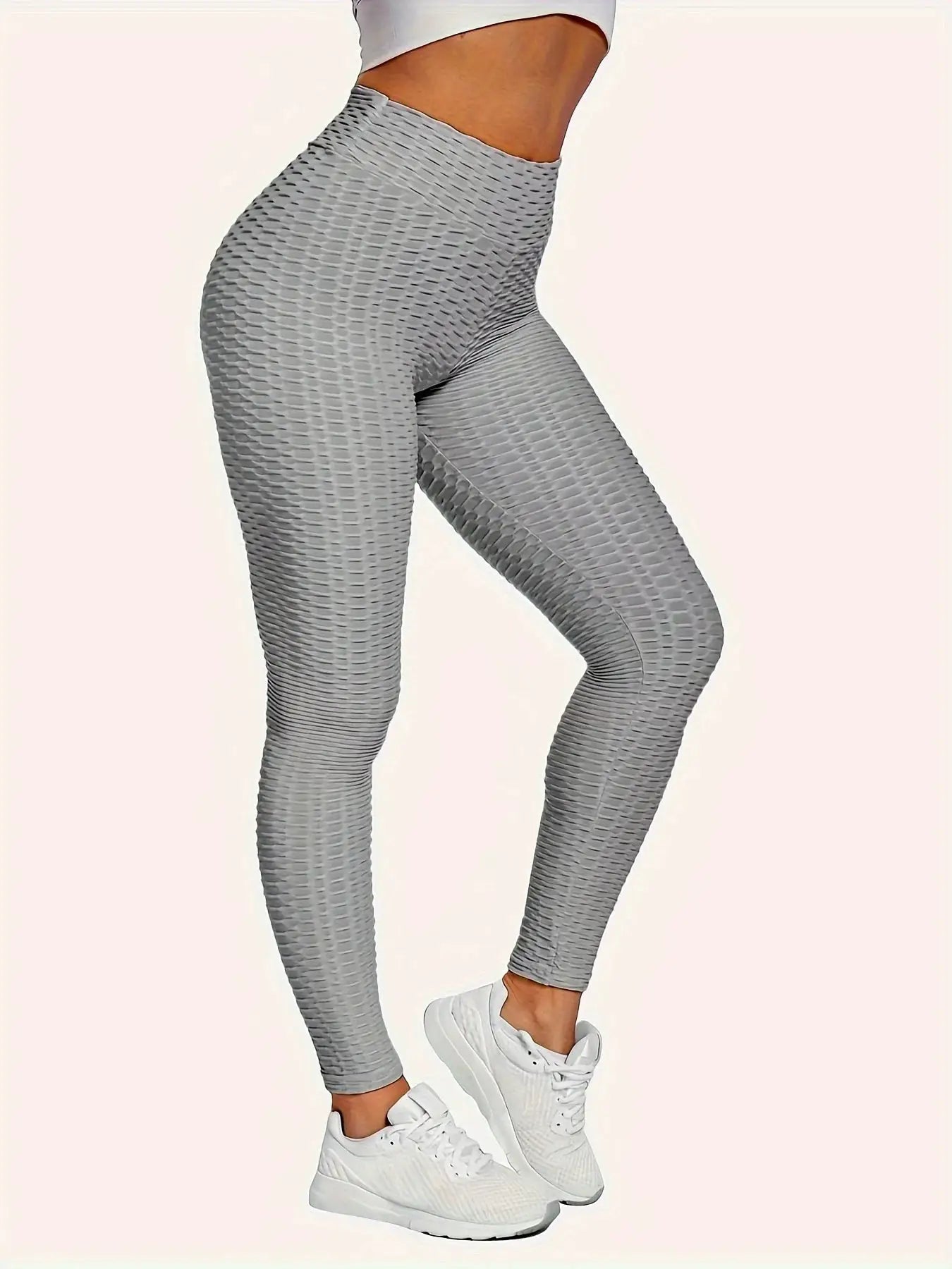 Simples Market bubble yoga leggings in grey, high-waist textured honeycomb pattern, slim fit.