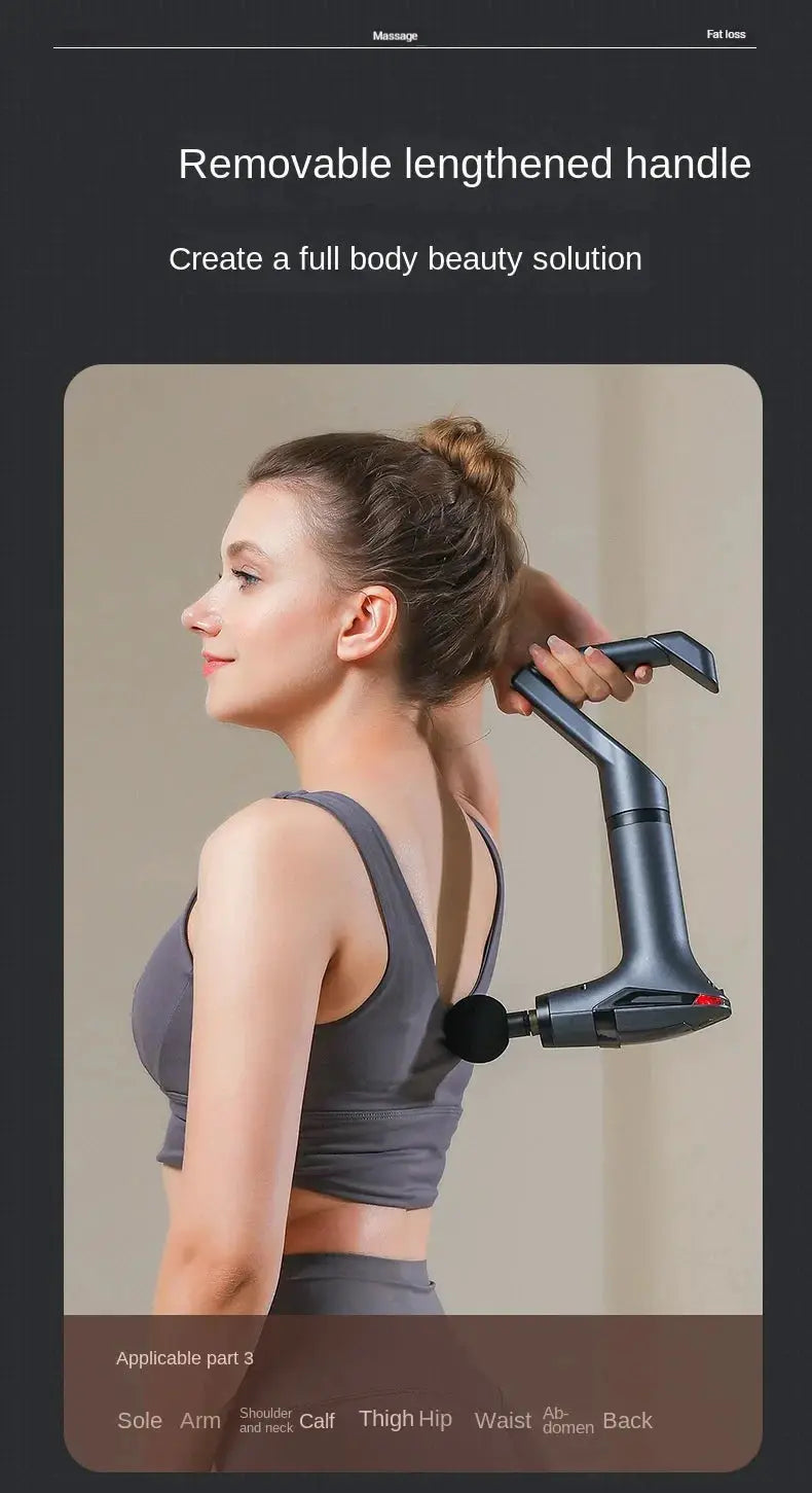 Simples Market long-handle electric massage gun in black used on the shoulder for deep tissue relief