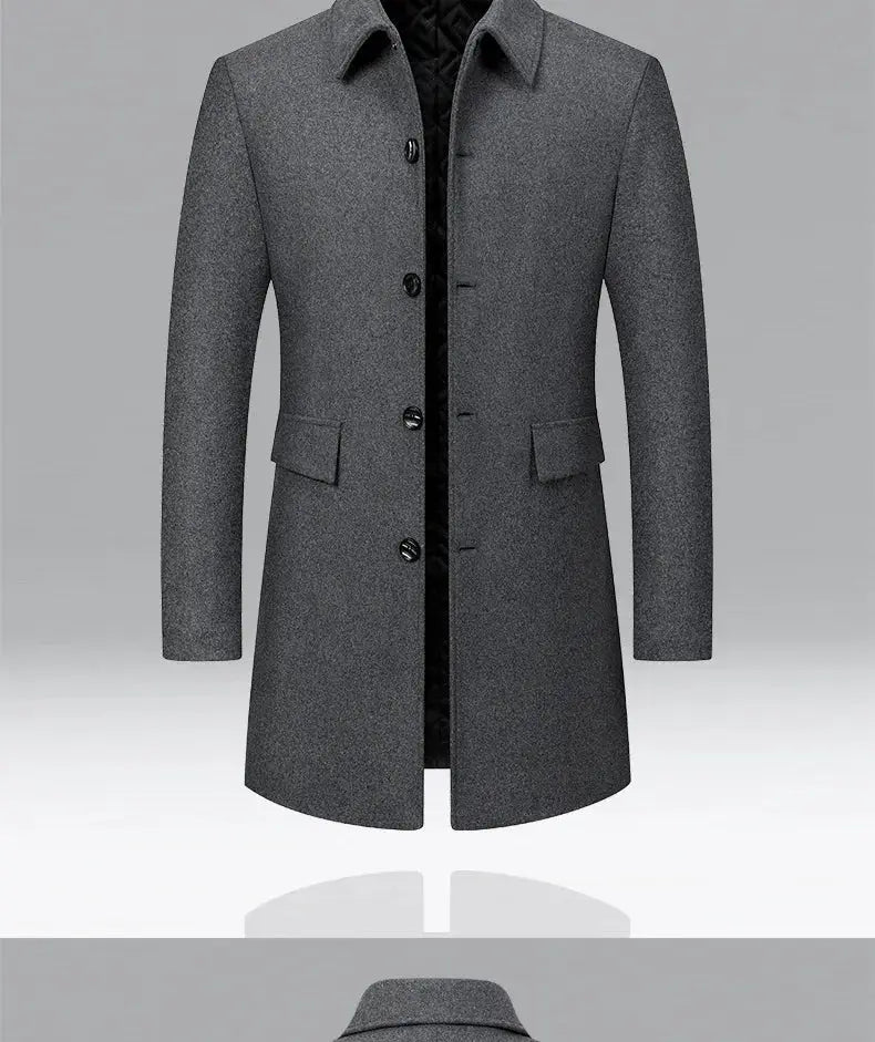 Simples Market men's gray wool-blend trench coat with lapel collar, button closure, and flap pockets.