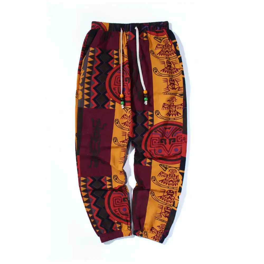 Men's boho tribal print jogger pants with pockets; stretch linen-cotton blend, burgundy mustard