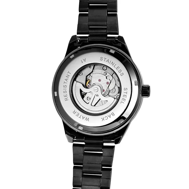 Men's SKROX stainless steel watch with automatic movement, black bracelet, transparent case back