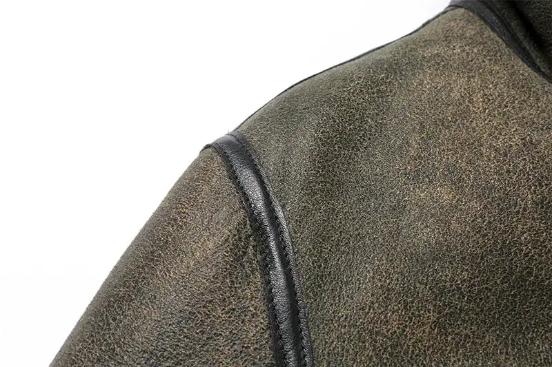 Simples Market leather fur jacket with brown sheepskin texture and black piping along shoulder seam