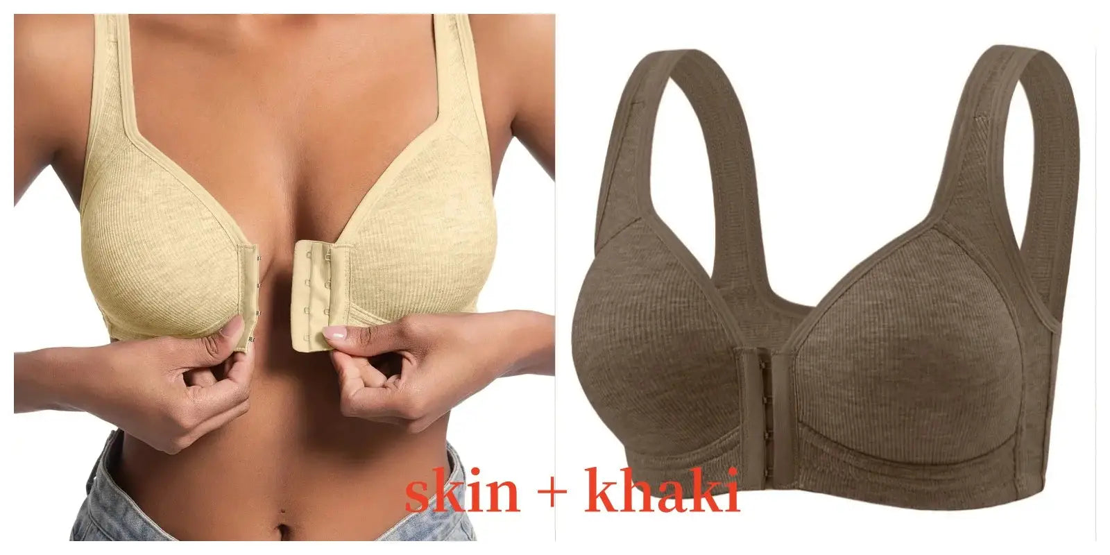 Women's bra wire-free front-closure, solid beige/khaki, full-coverage cups, Simples Market