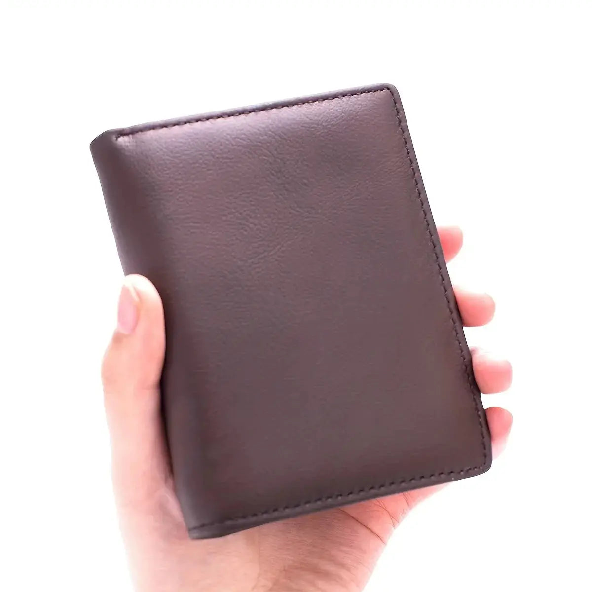 Men's brown genuine leather wallet, minimalist compact design, lightweight and portable