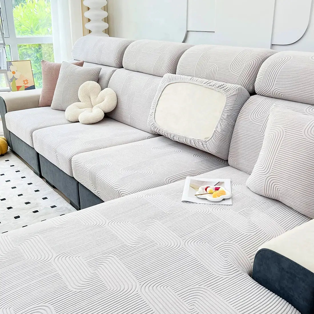 Simples Market sofa seat cushion cover in light grey jacquard stretch fabric; removable, washable furniture protector