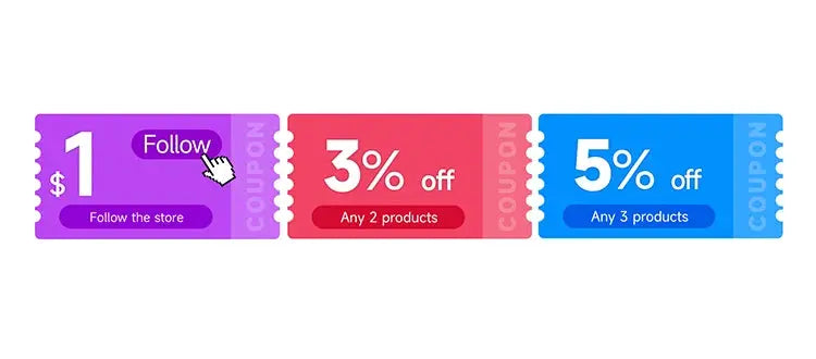 Coupons from Simples Market: purple $1 follow, red 3% off any 2 products, blue 5% off any 3 products.