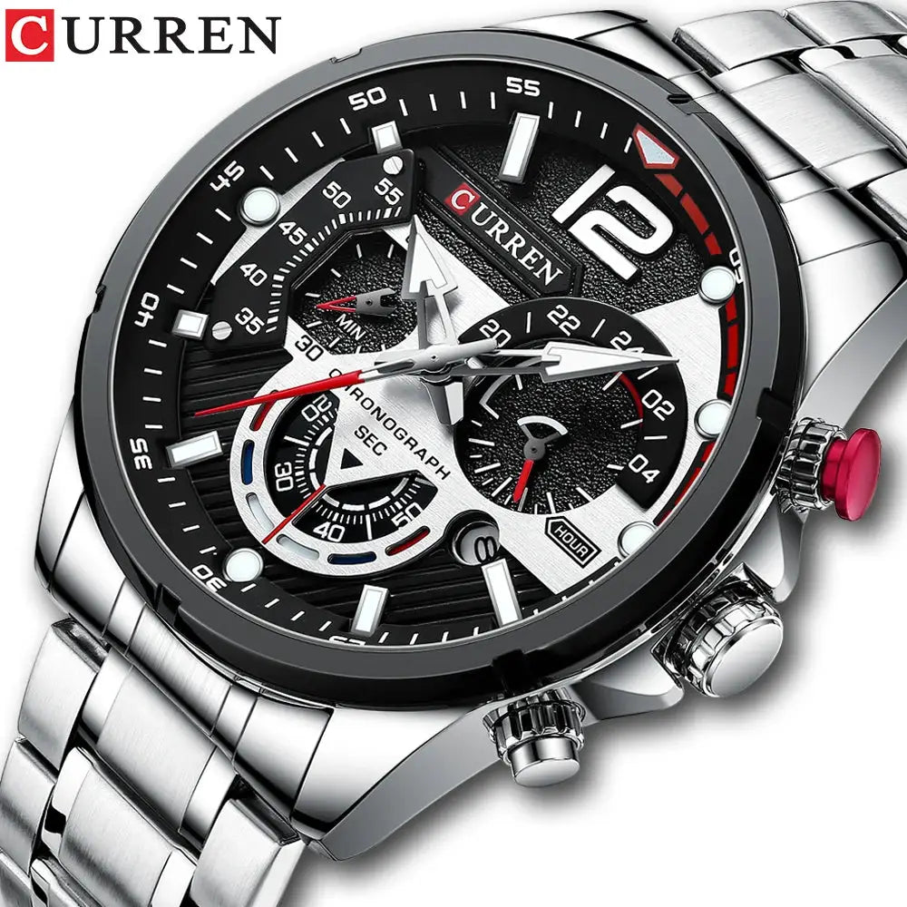 CURREN stainless steel men's wristwatch with black chronograph dial, silver case and bracelet, red crown
