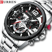 CURREN stainless steel men's wristwatch with black chronograph dial, silver case and bracelet, red crown