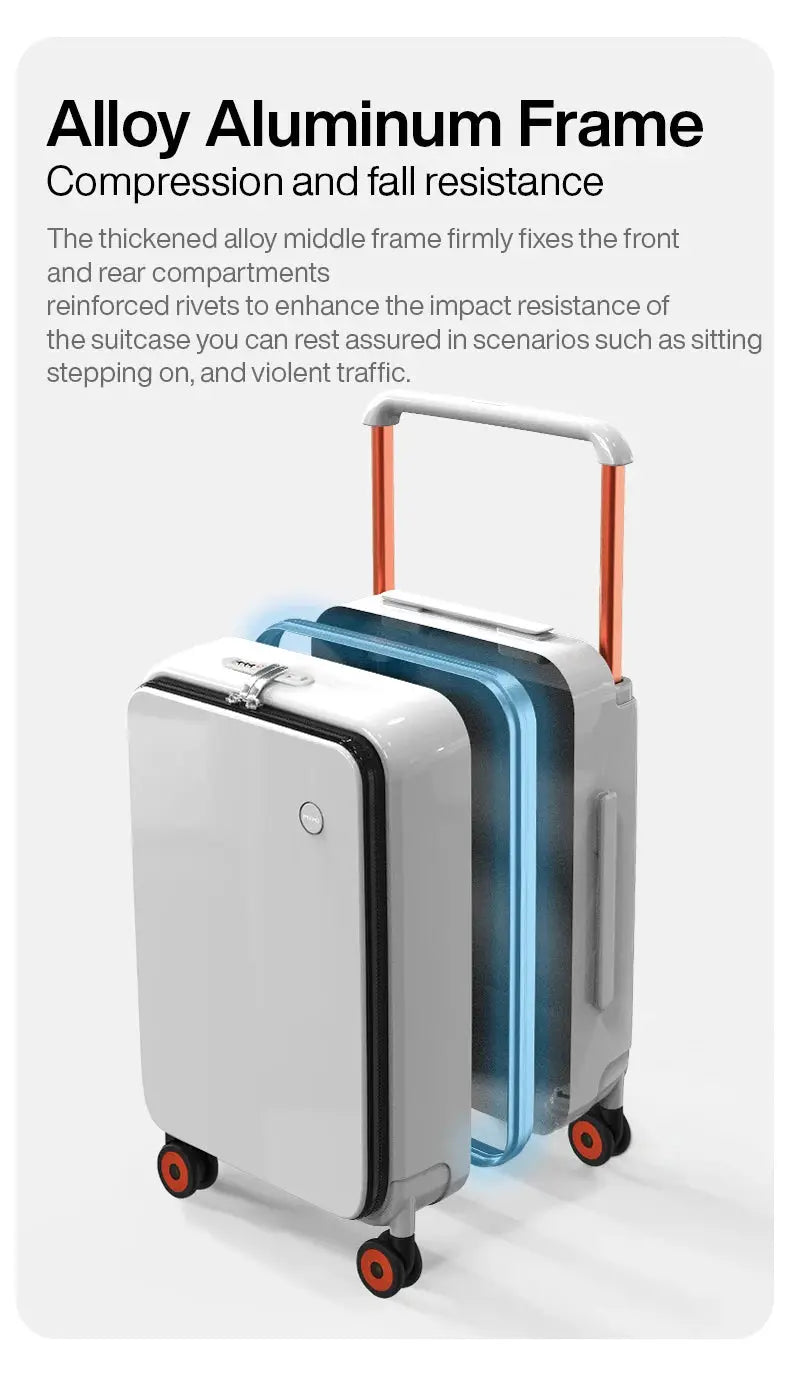 Mixi 20-inch carry-on suitcase set with alloy aluminum frame; white outer shell and blue inner shells.