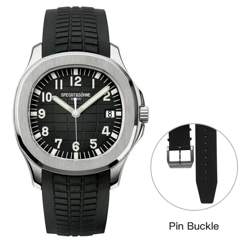 Specht&Söhne automatic sports watch with black dial, stainless steel case, black rubber strap, date window