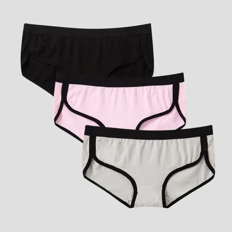 BANNIROU 3Pcs women's cotton solid low-rise briefs in black, pink, gray; breathable, soft underwear