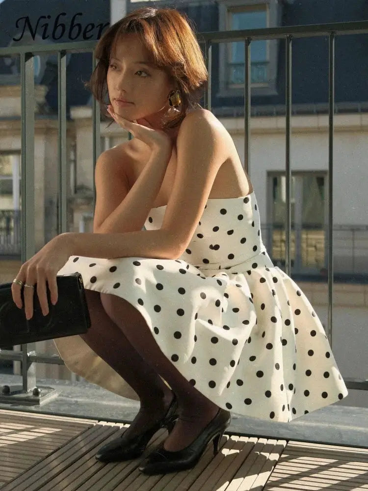 Nibber Dots Print Dress Backless Bow Applique Ruffles Y2K Bodycon