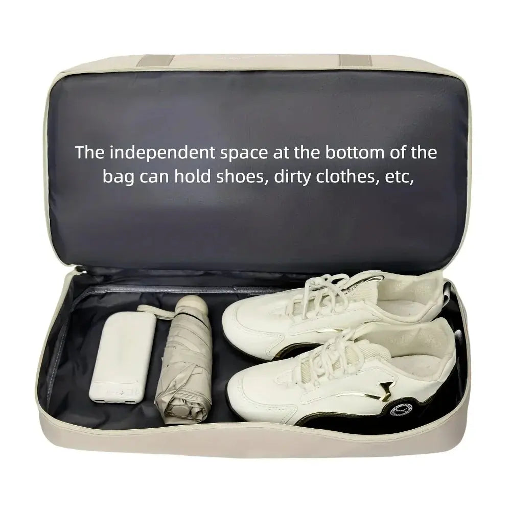 Multifunctional large-capacity travel duffle bag by Simples Market, beige nylon, open with sneakers inside