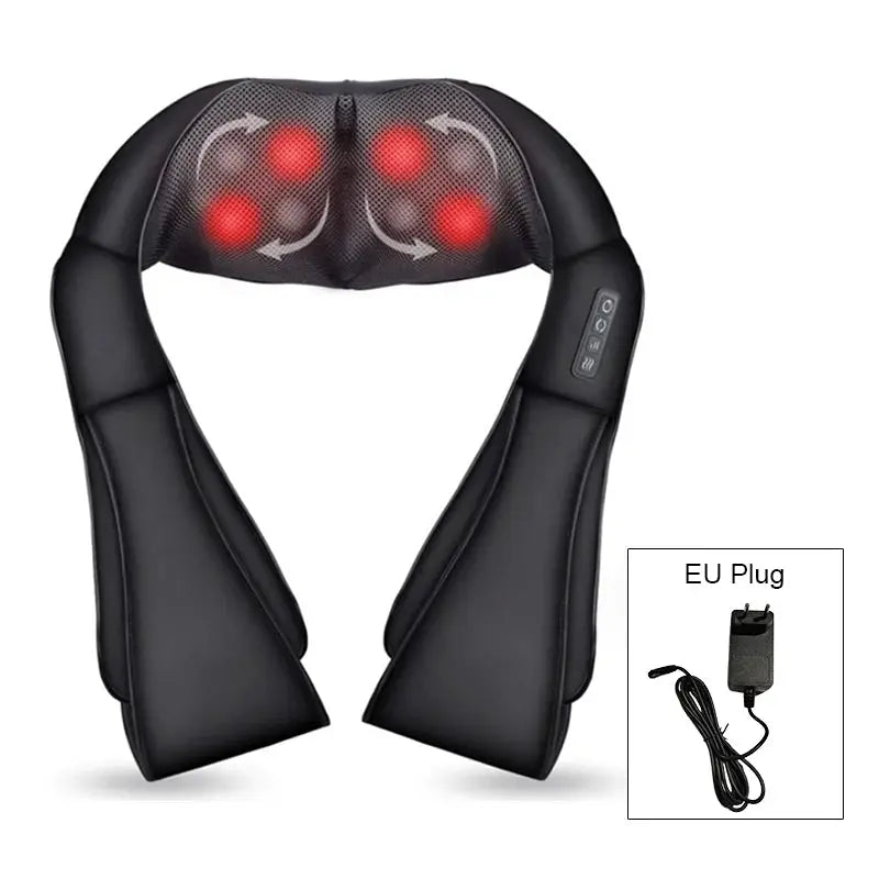 Shiatsu neck and shoulder massager Simples Market, black U-shaped heated massager with red kneading nodes, EU plug.