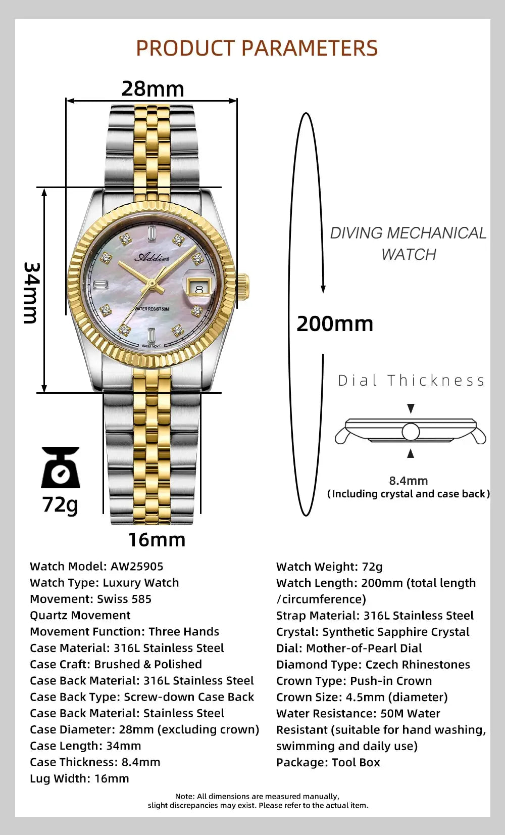 ADDIES luxury women's watch, 28mm two-tone stainless steel with gold bezel, sapphire crystal, 50m water resistant