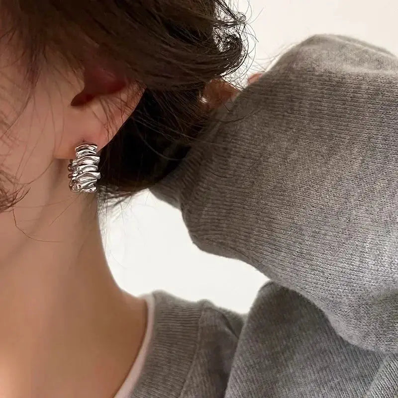 Irregular Wavy Pleated Hoop Earrings For Women Stainless Steel Gold Color Charm Dangle Jewelry Accessories Gift