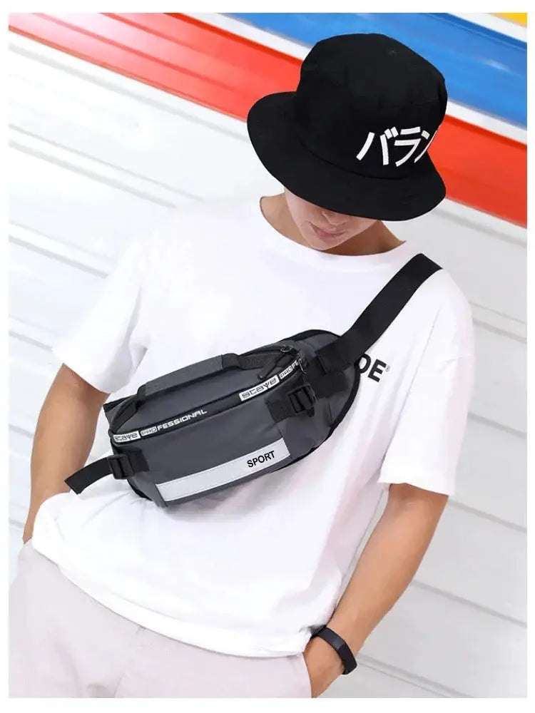 Large-capacity anti-theft nylon waist bag worn across the chest as a black/gray crossbody fanny pack with pockets