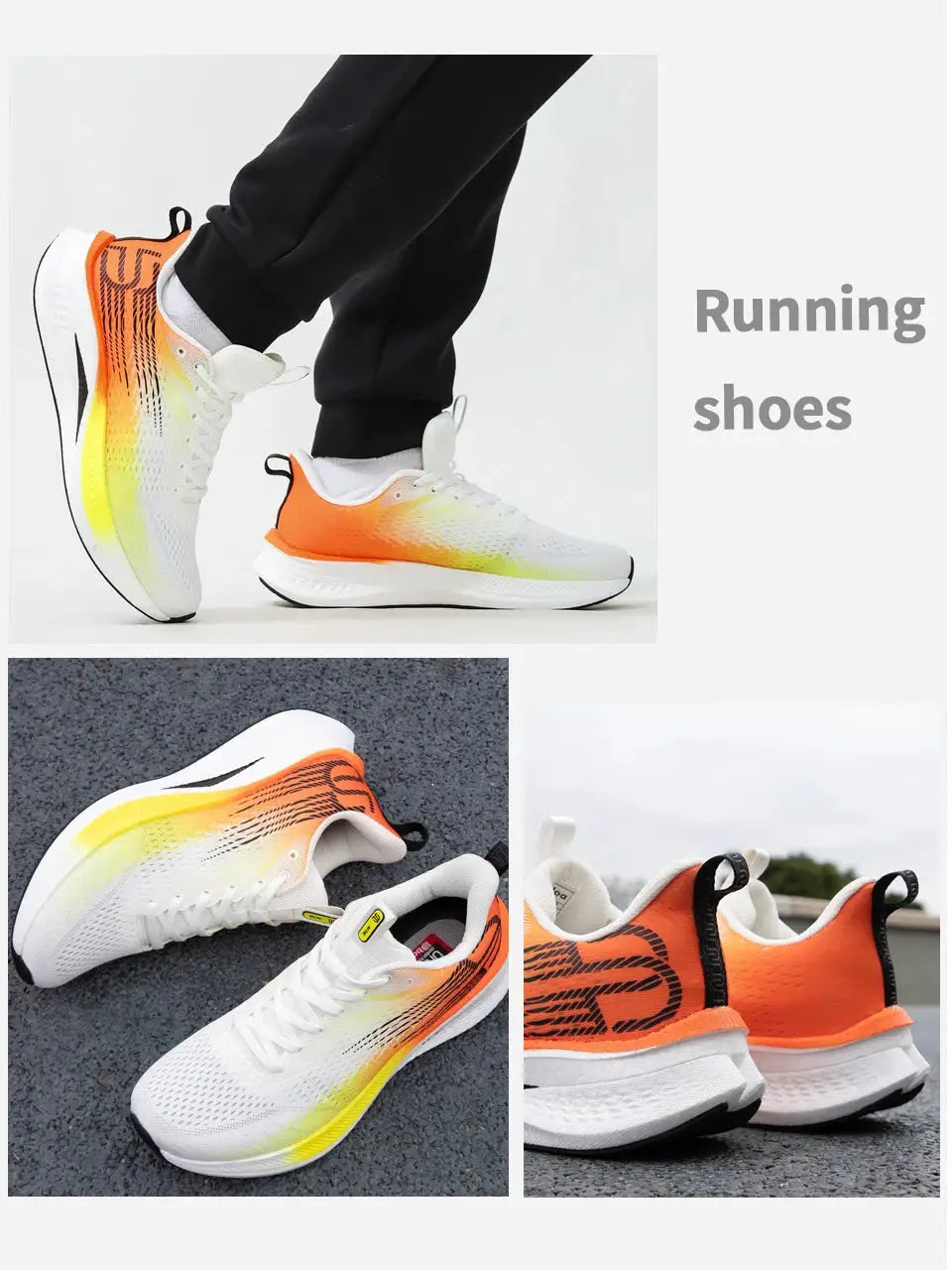 Baasploa Men jogging shoes with white mesh upper, orange gradient heel, and carbon-plate cushioning