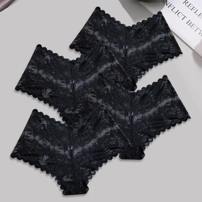 Lace floral hollow-out boyshorts underwear, black, 4pcs, Simples Market FINETOO