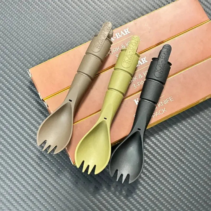 Simples Market tactical mini cutlery set, 3-pack EDC fork-spoon-knife tools in brown, olive, and black