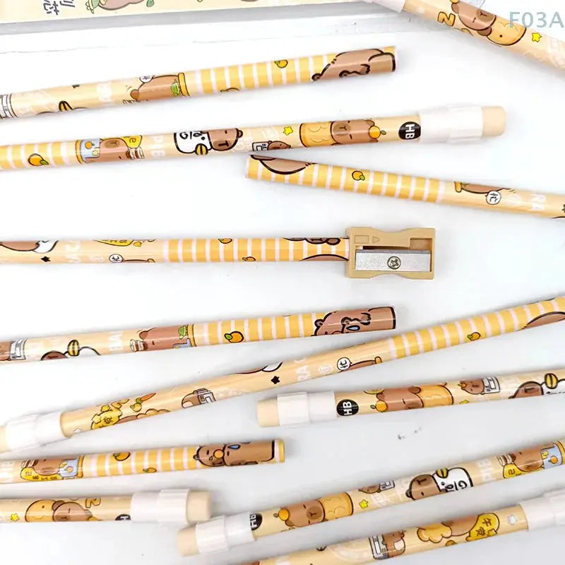12pc capybara HB pencils set with sharpener, yellow striped cartoon design by Simples Market