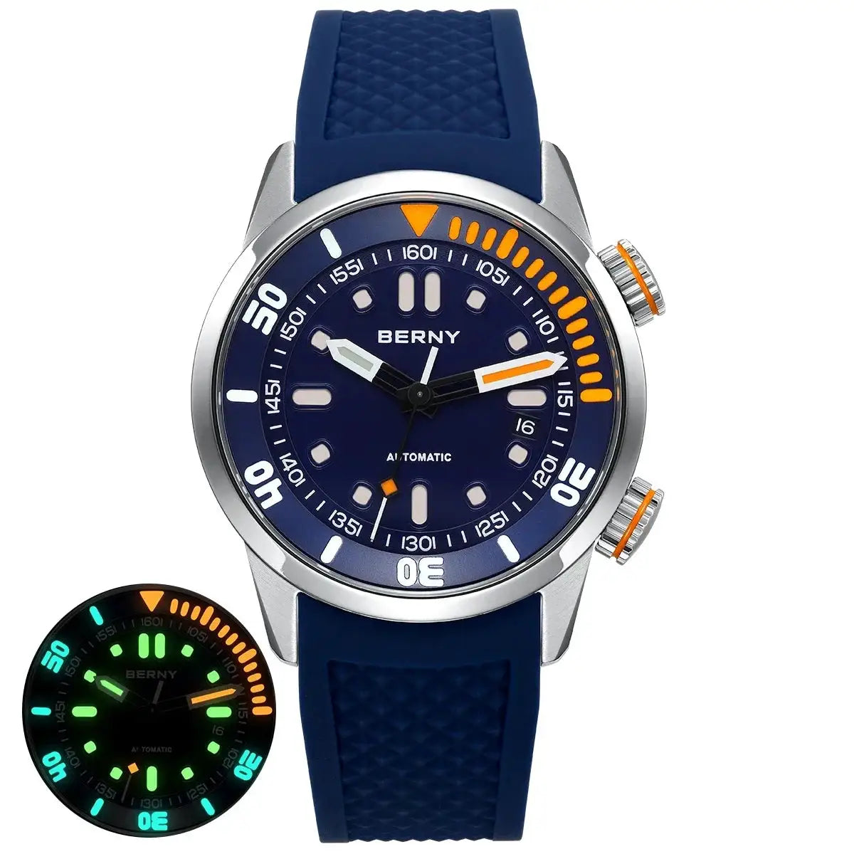 BERNY Automatic Dive Watch for Men; blue dial, blue silicone strap, stainless steel case, luminescent markers