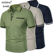 Simples Market men's short-sleeve polo shirts set of 3 in green beige navy with chest pocket, breathable fabric.