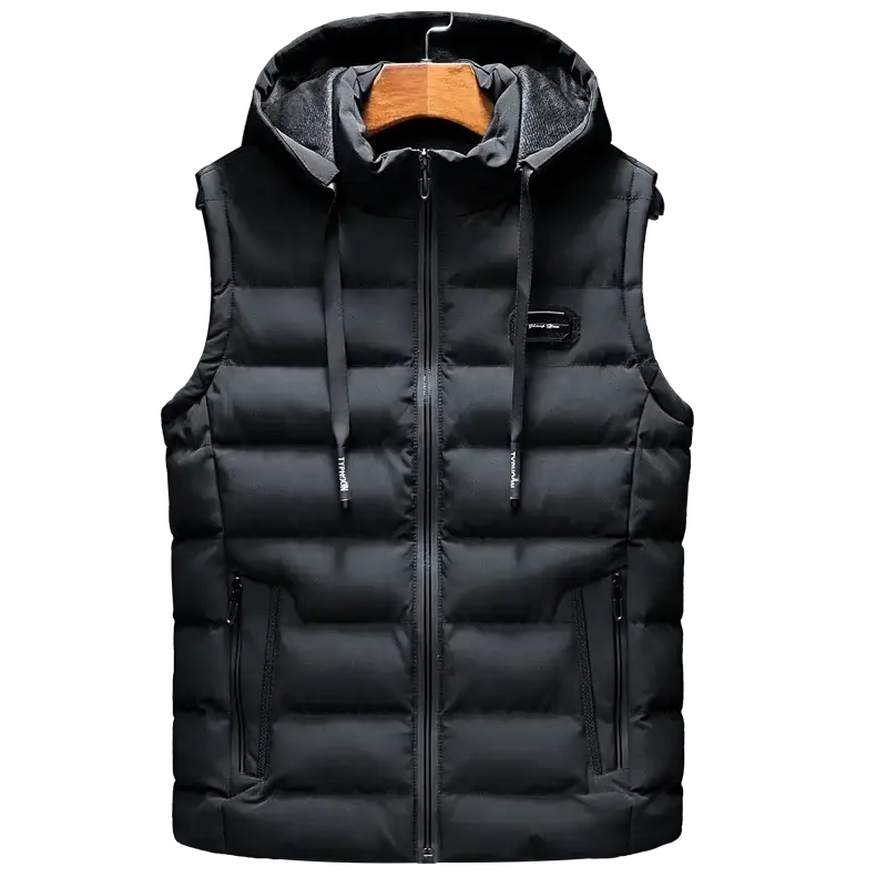 Men's black hooded puffer vest jacket with full front zipper, drawstring hood, side pockets.