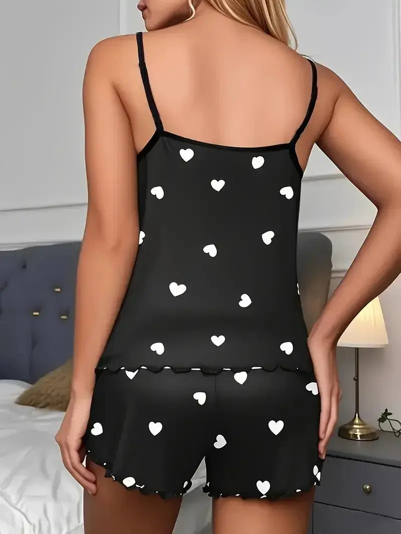 DreamWear Women Two Piece Suspender Pajama Set Heart Print Top and Shorts for Casual Summer Comfort
