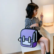 Two-Dimensional 3D backpack schoolbag for children 3–6, purple with black trim and front pocket