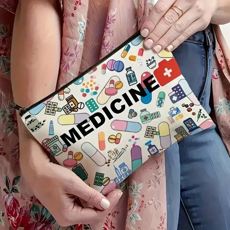 MedCare Essentials Medicine Themed Cosmetic Travel Bag Foldable Zippered Makeup Organizer For Healthcare Professionals