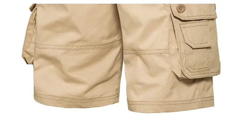 Men's beige cotton cargo shorts with multiple pockets for outdoor casual wear