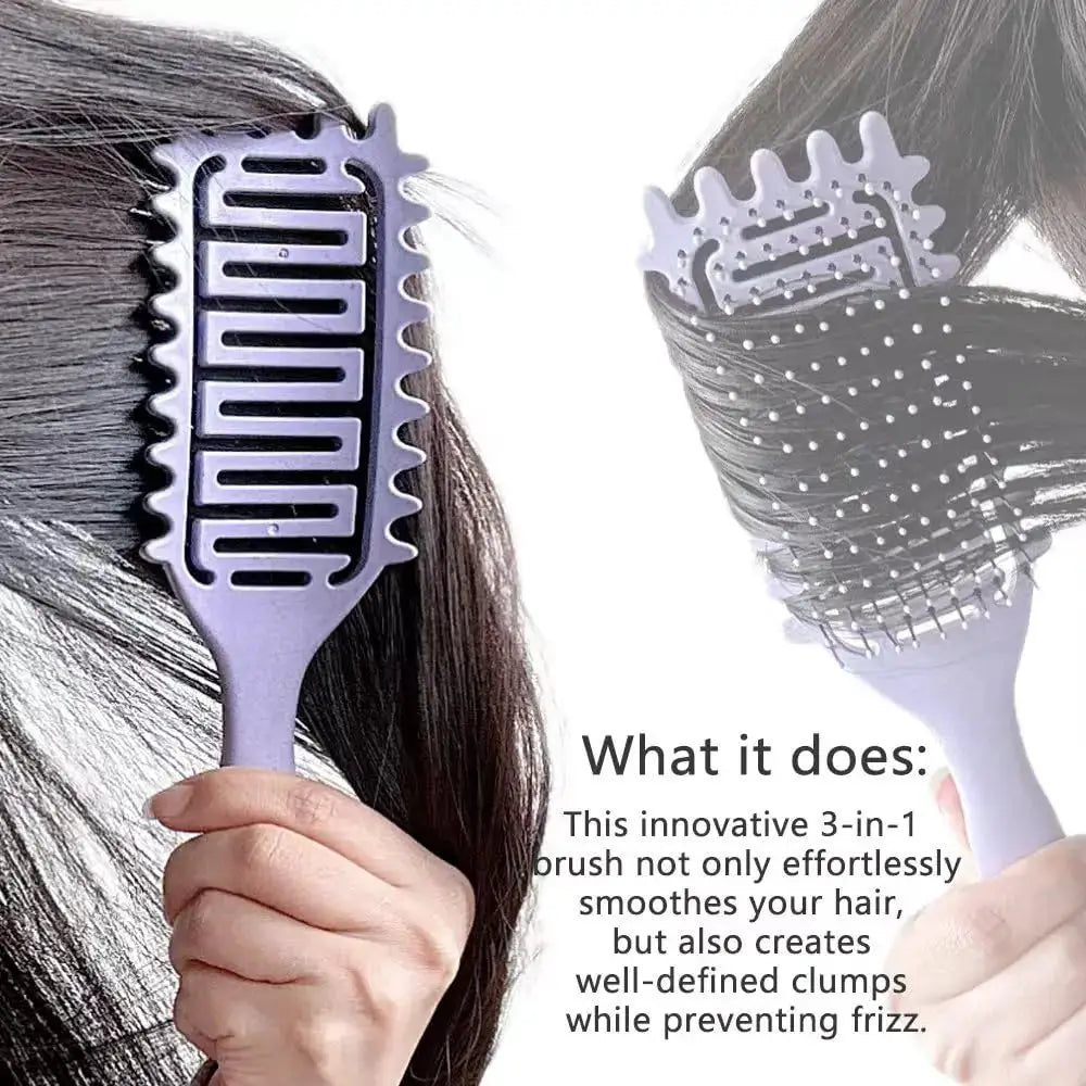 Purple 3-in-1 curl define styling brush with hollow-out detangling comb, shown from two angles