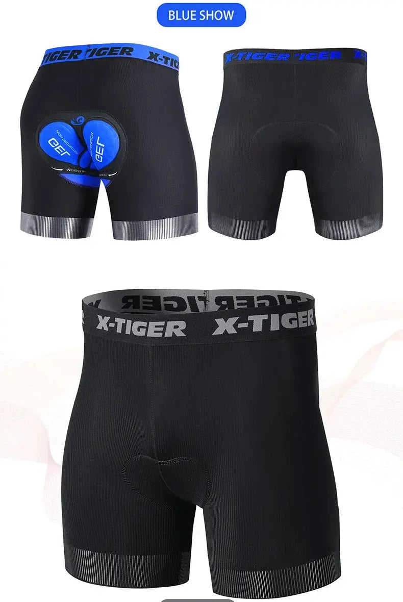 X-TIGER men's cycling shorts with 5D padded liner, anti-slip leg grips, black with blue waistband