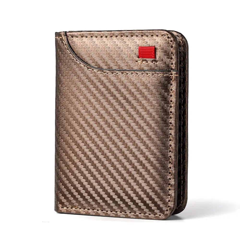 Men's vertical small wallet in brown carbon-fiber textured faux leather with card slots