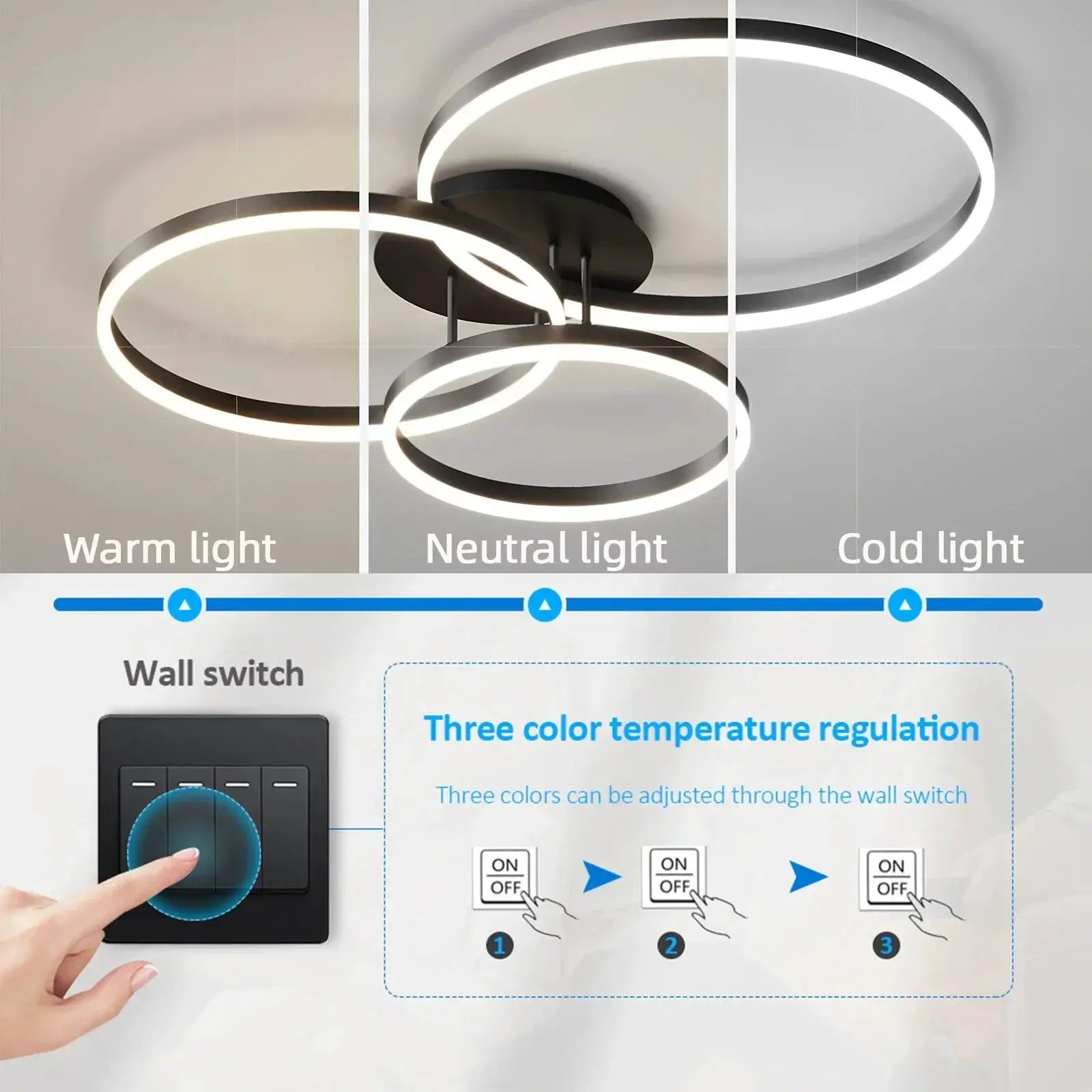 Smart ceiling chandelier by Simples Market; black circular LED rings with white glow and remote temperature control.