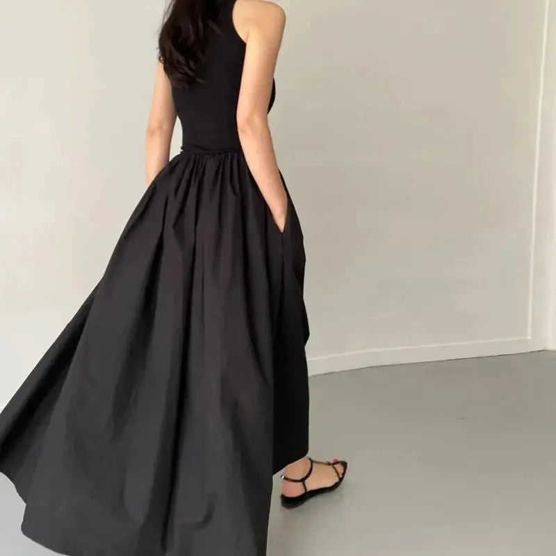 EleganceLane Black Round Neck Sleeveless Long Dress For Women High Waist Flattering Silhouette And Effortless Comfort
