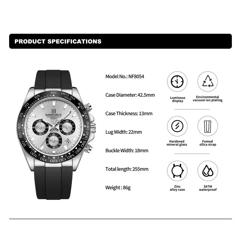 NAVIFORCE NF8054 men's chronograph watch with black silicone band and silver dial