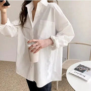 Office Lady white cotton loose blouse with long sleeves, chest pocket, turndown collar