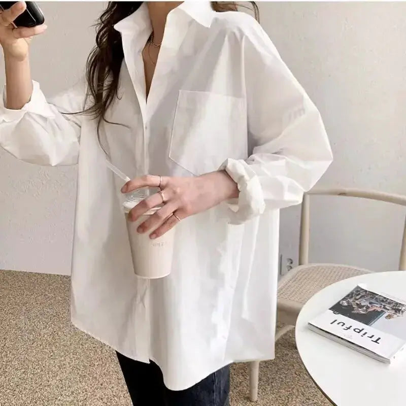 Office Lady white cotton loose blouse with long sleeves, chest pocket, turndown collar