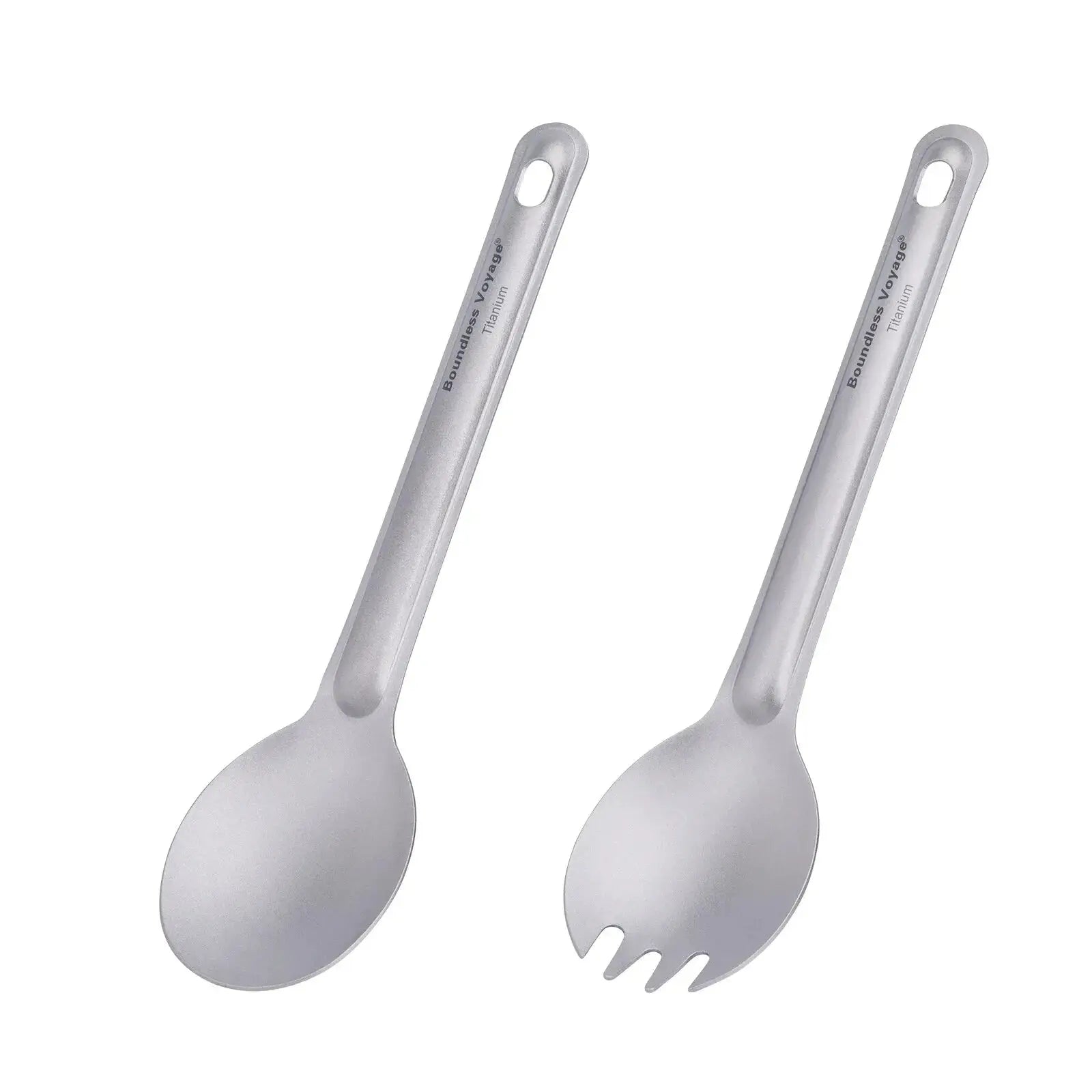 Boundless Voyage titanium cutlery set: 2 lightweight silver reusable utensils, spoon and spork, for camping