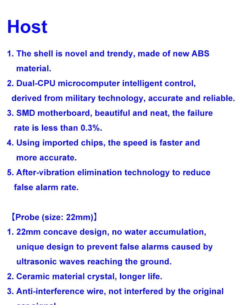 Parking sensor kit host page in blue text listing features: ABS shell, 22mm probe, ceramic crystal.