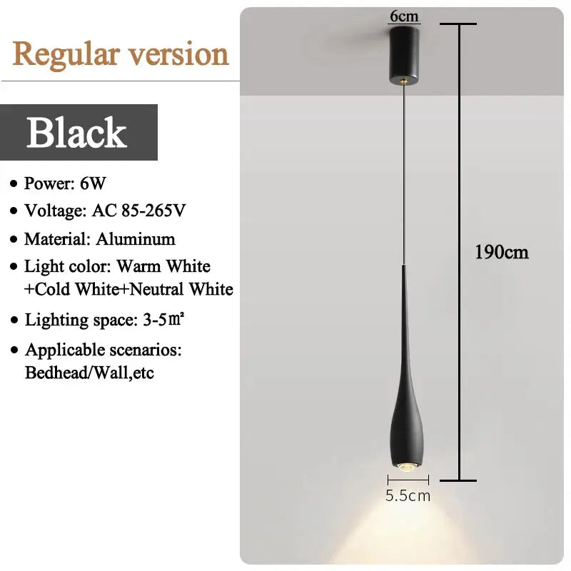 MARPOU LED pendant light, black aluminum, 6W, adjustable height up to 190 cm, modern minimalist chandelier.