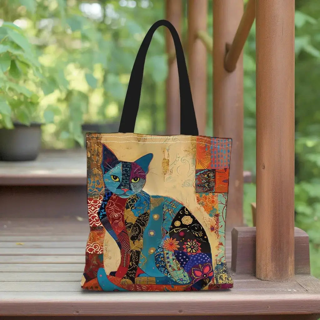 BloomCat Floral Cat Pattern Tote Bag Lightweight Linen Tote for School and Shopping