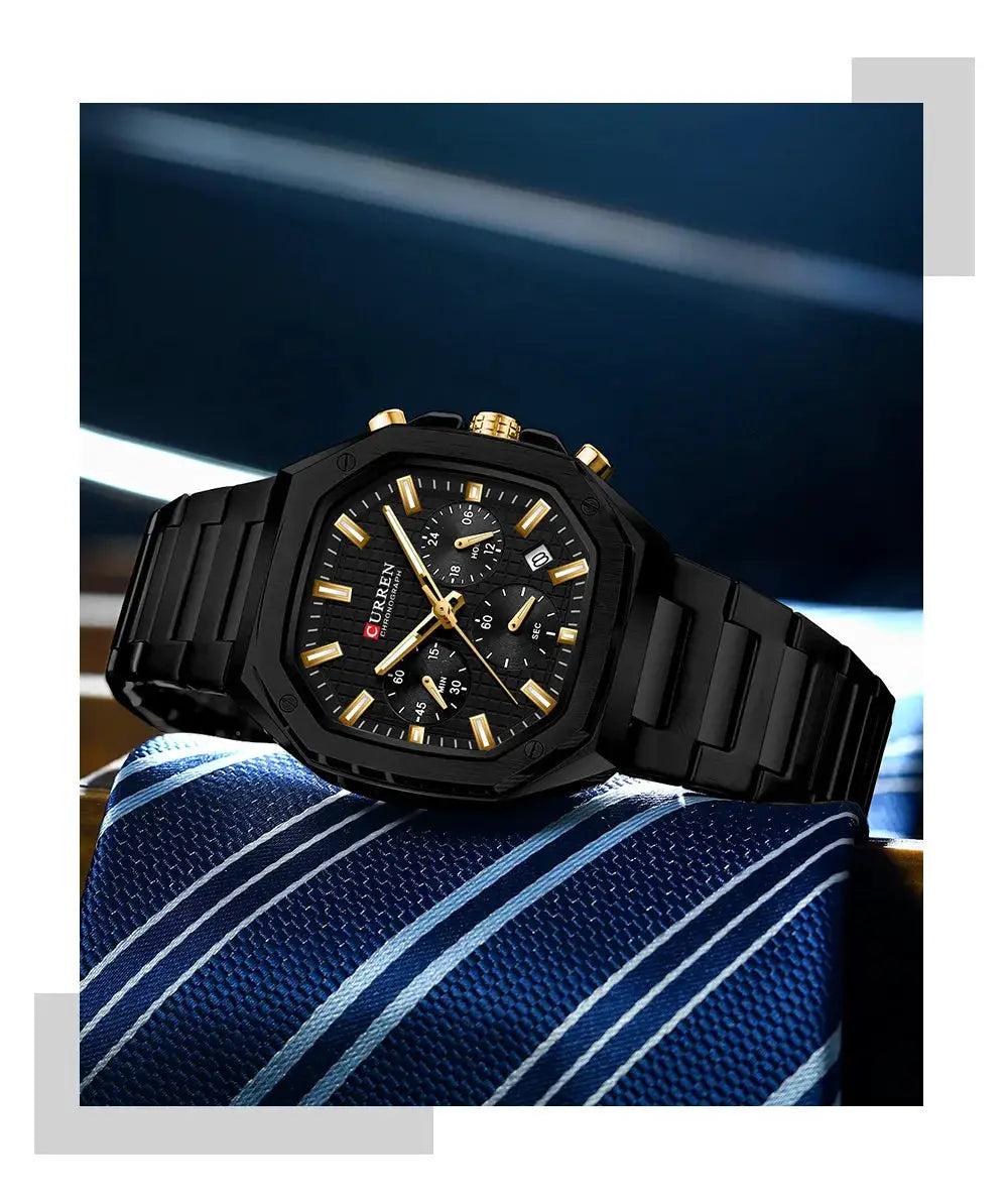CURREN square stainless steel chronograph wristwatch with date, black band and gold-tone markers