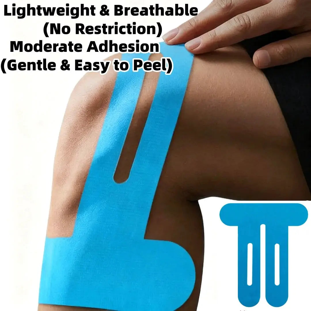Kinesiology tape by Simples Market, blue pre-cut strips for knee and posterior thigh, lightweight leg support