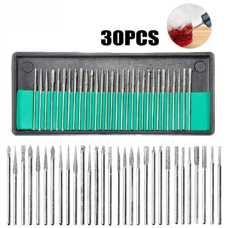 30 Piece Diamond Burr Set With Case For Dremel Rotary Tools 2.35mm And 3mm Shanks Grinding Polishing Drill Bits