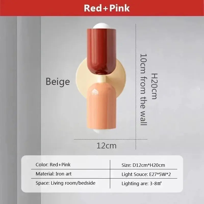 Nordic LED wall lamp, two-headed with red and pink shades, beige wall mount.