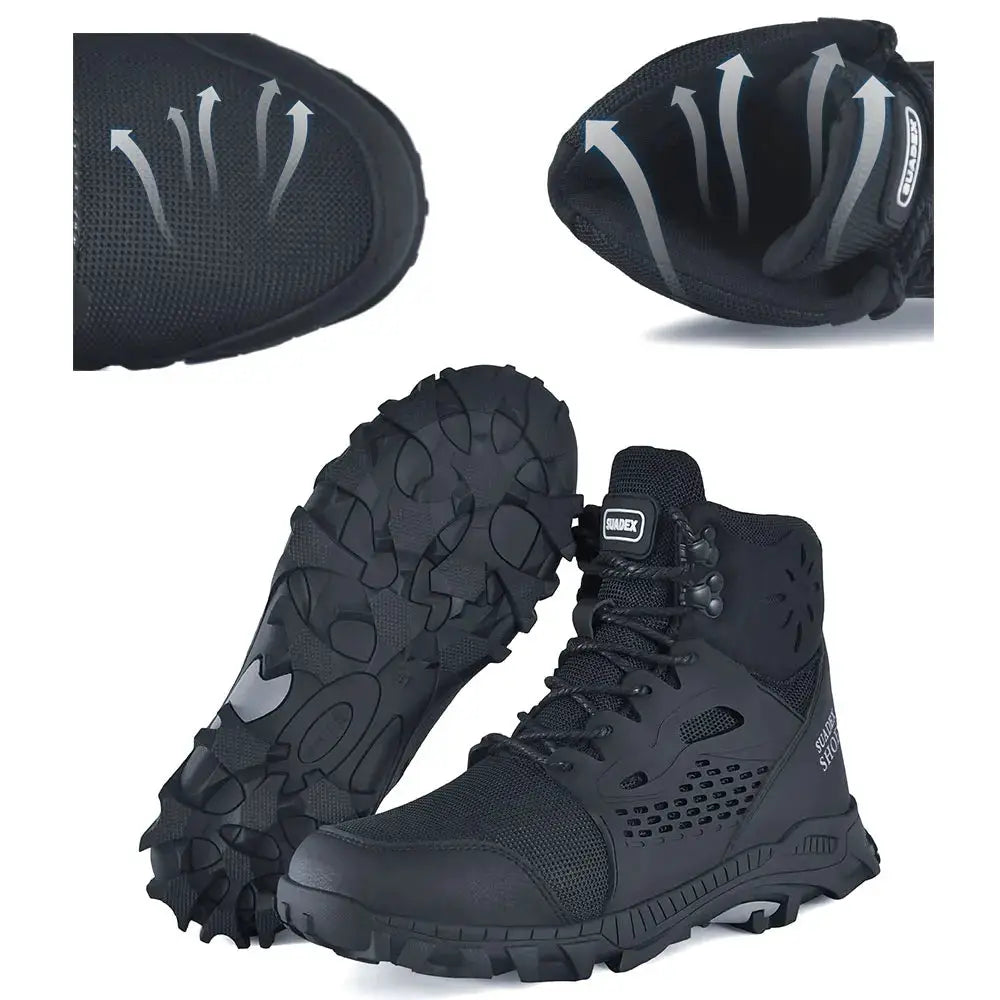 SUADEX S1 safety boots, black steel-toe work shoes with rugged anti-slip outsole, EU size 37–48